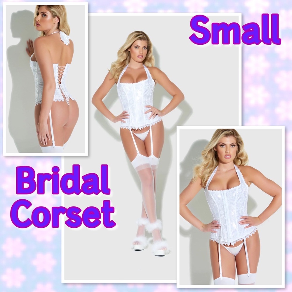 👰🏻‍♀️ Bridal Halter Corset  satin back lace up boning Lace Lingerie SMALL 34